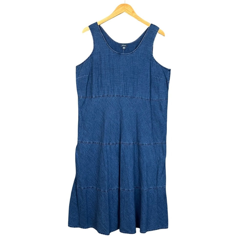 J Jill Denim Midi Dress Womens L Blue Linen Cotton Tiered Sleeveless Prairie
